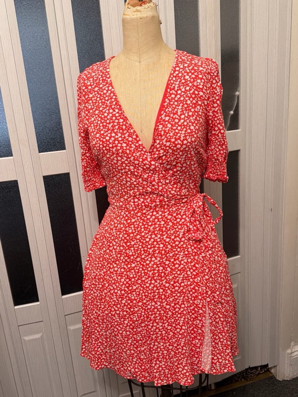 Banana Republic Red Floral Wrap Dress with Tie Detail